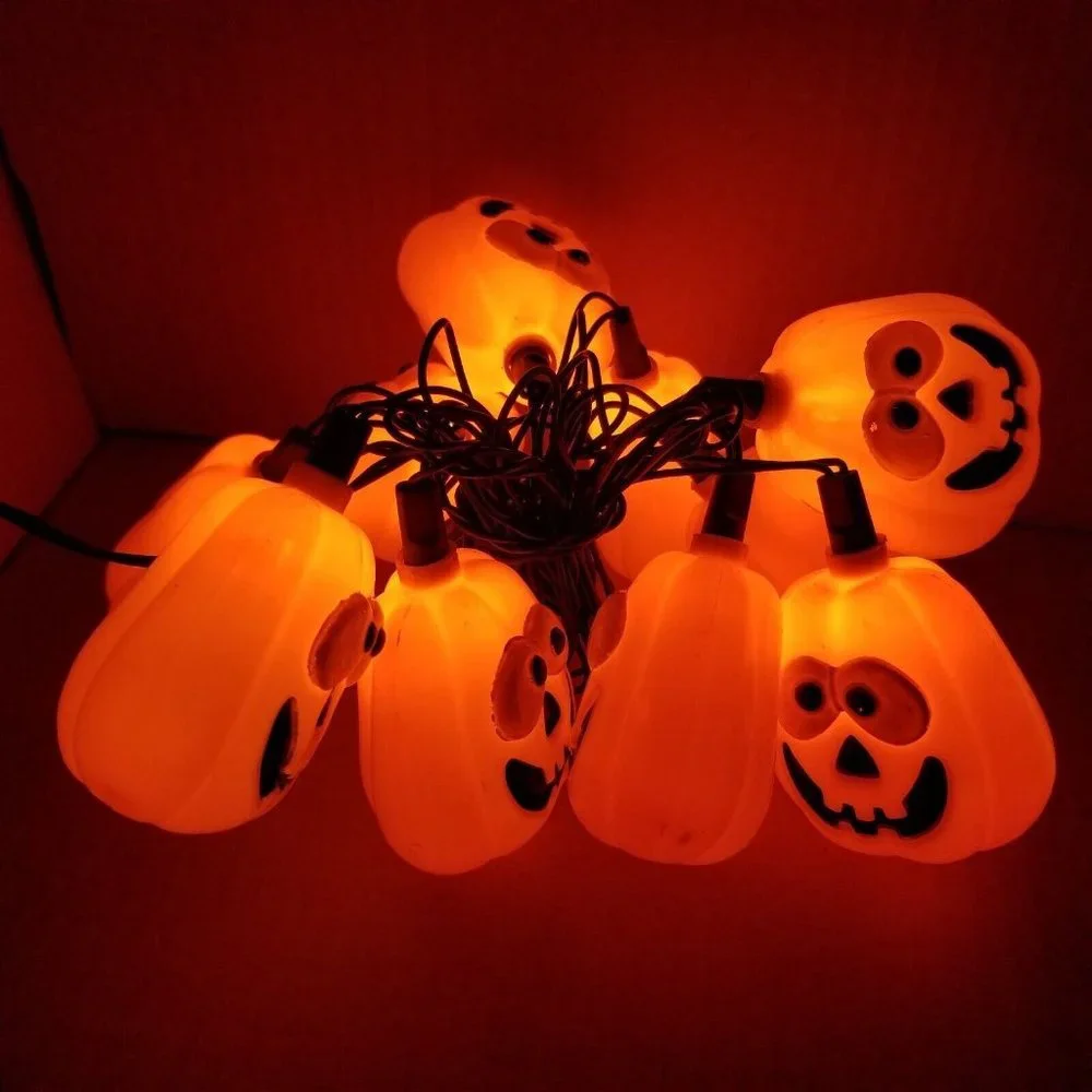 Vintage Jack O' Lantern Happy Halloween String Lights Plastic Blow Mold Pumpkins
